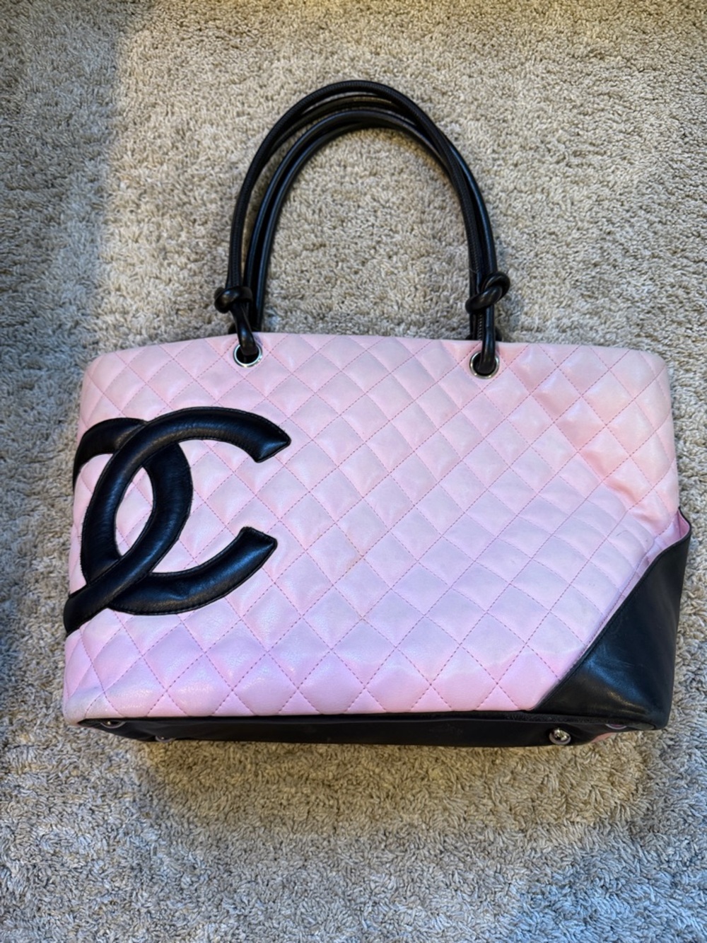 CHANEL Pink Quilted Tote with Black Trim and CC Logo